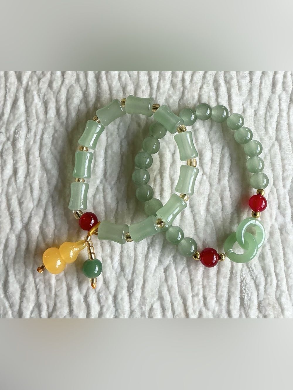 Aqua Beaded Stretch Bracelets with Gold accents - Cute Charms (Pair)